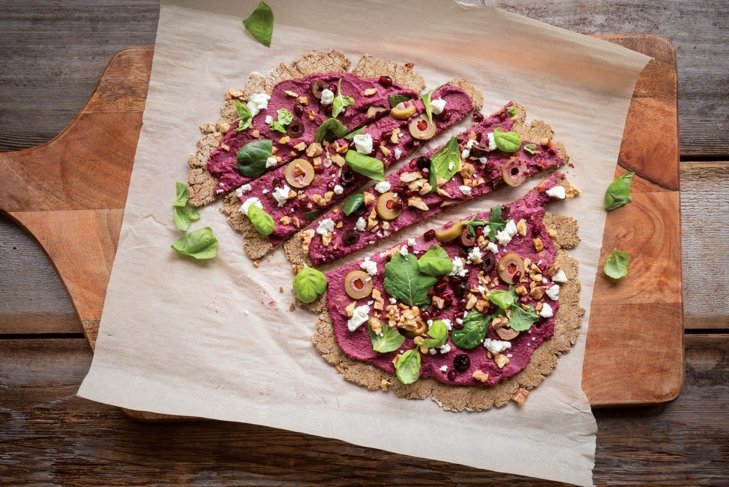 Oat Crust Pizza with Beetroot Hummus and Greens