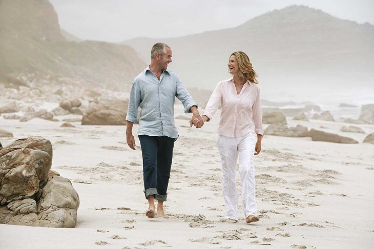 Full length of happy couple holding hands while walking on beach